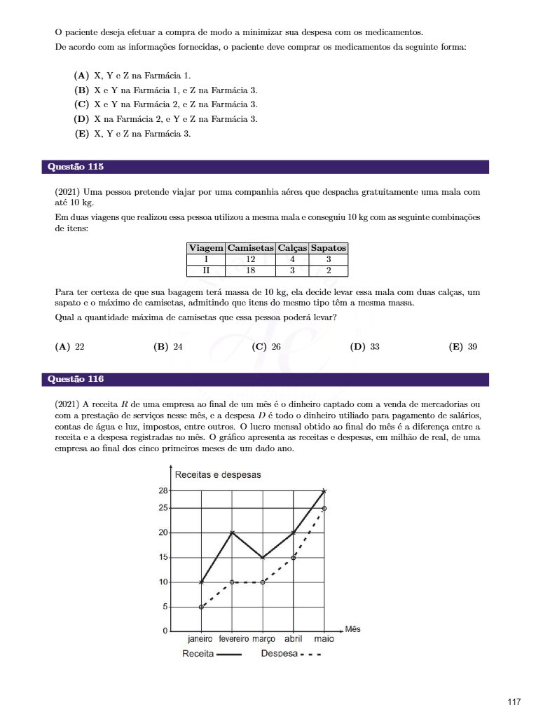 Página interna de Matemática com questões