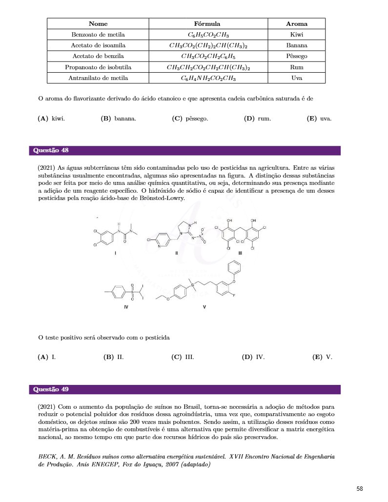 Página interna de Química com questões