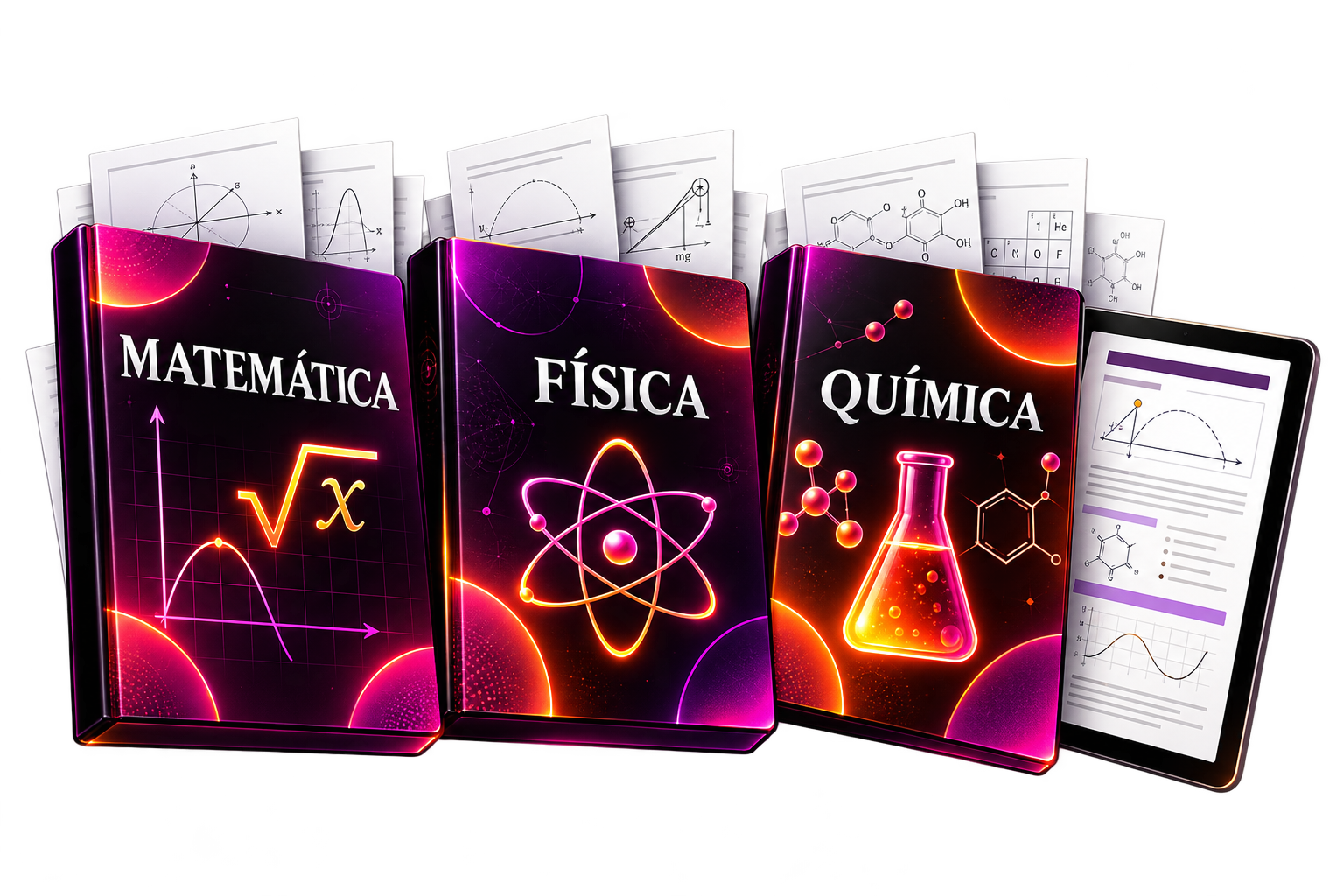 Materiais digitais de Matemática, Física e Química do Combo Black Ana Exatas, com um tablet exibindo uma página de questões